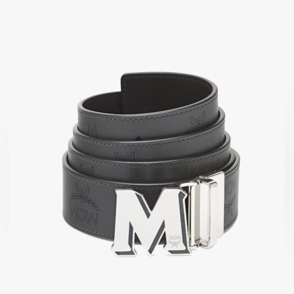 MCM Epoxy M Reversible Belt 1.5" in Black/Gray Embossed Logo Leather